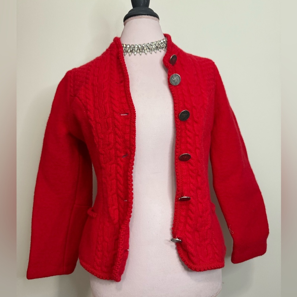 Arber Stickmoden Red Cable Knit Wool Cardigan with Silver Buttons sz 38 - medium